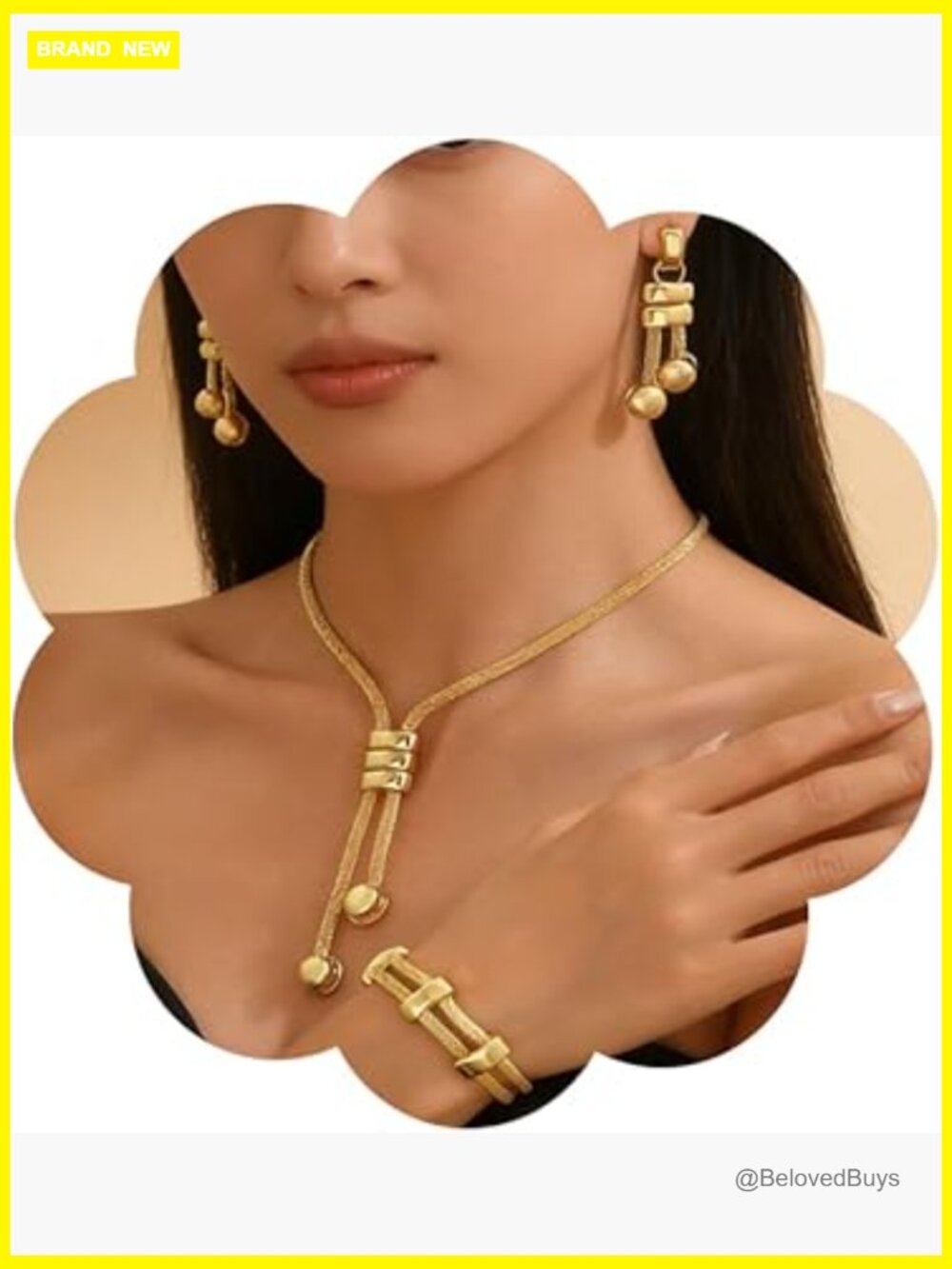 Gold Long Choker Necklace Set with Cuban Chain Earrings and Bracelet Y Necklace